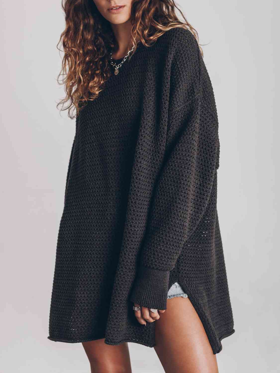 Openwork Round Neck Long Sleeve Slit Sweater Orchid Unique 