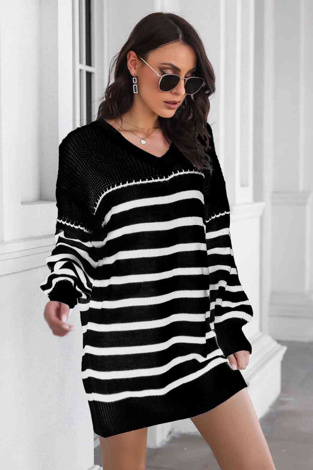 Striped V-Neck Drop Shulder Sweater Dress Orchid Unique 