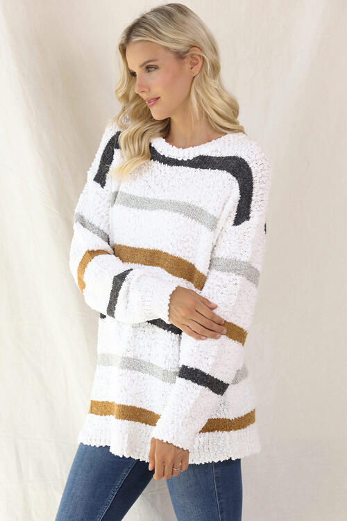 Striped Round Neck Long Sleeve Sweater Orchid Unique 