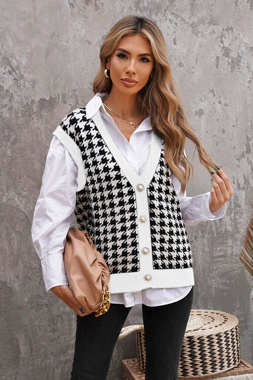 Houndstooth Button Front Sweater Vest Orchid Unique 