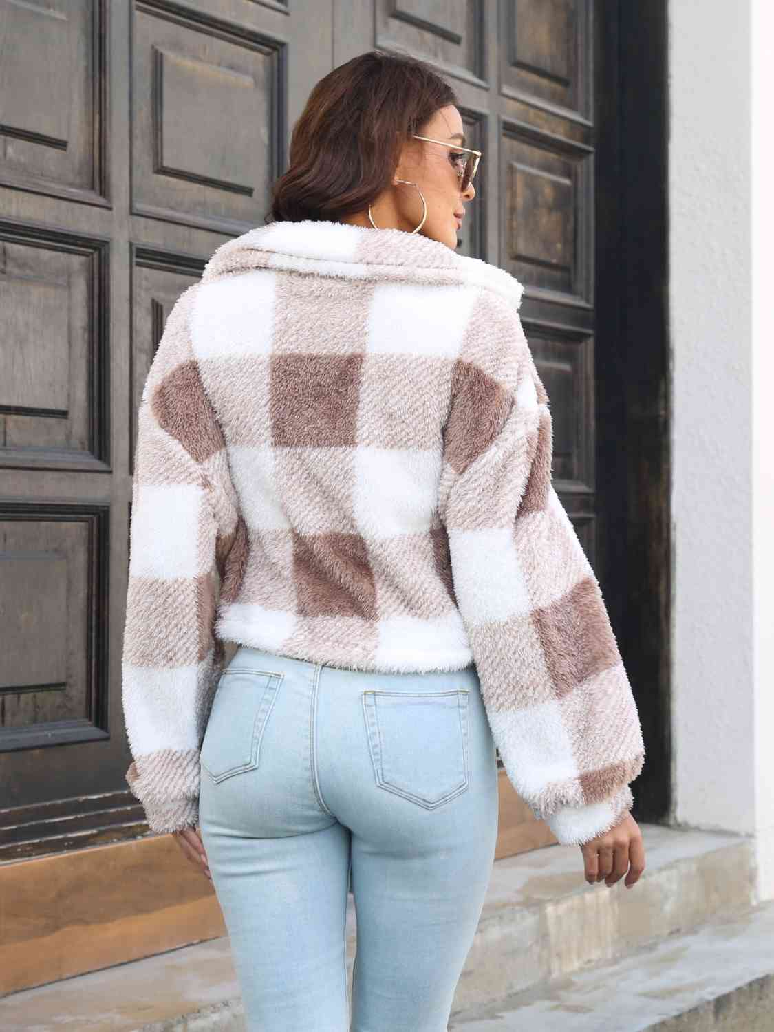 Plaid Dropped Shoulder Buttoned Jacket Orchid Unique 