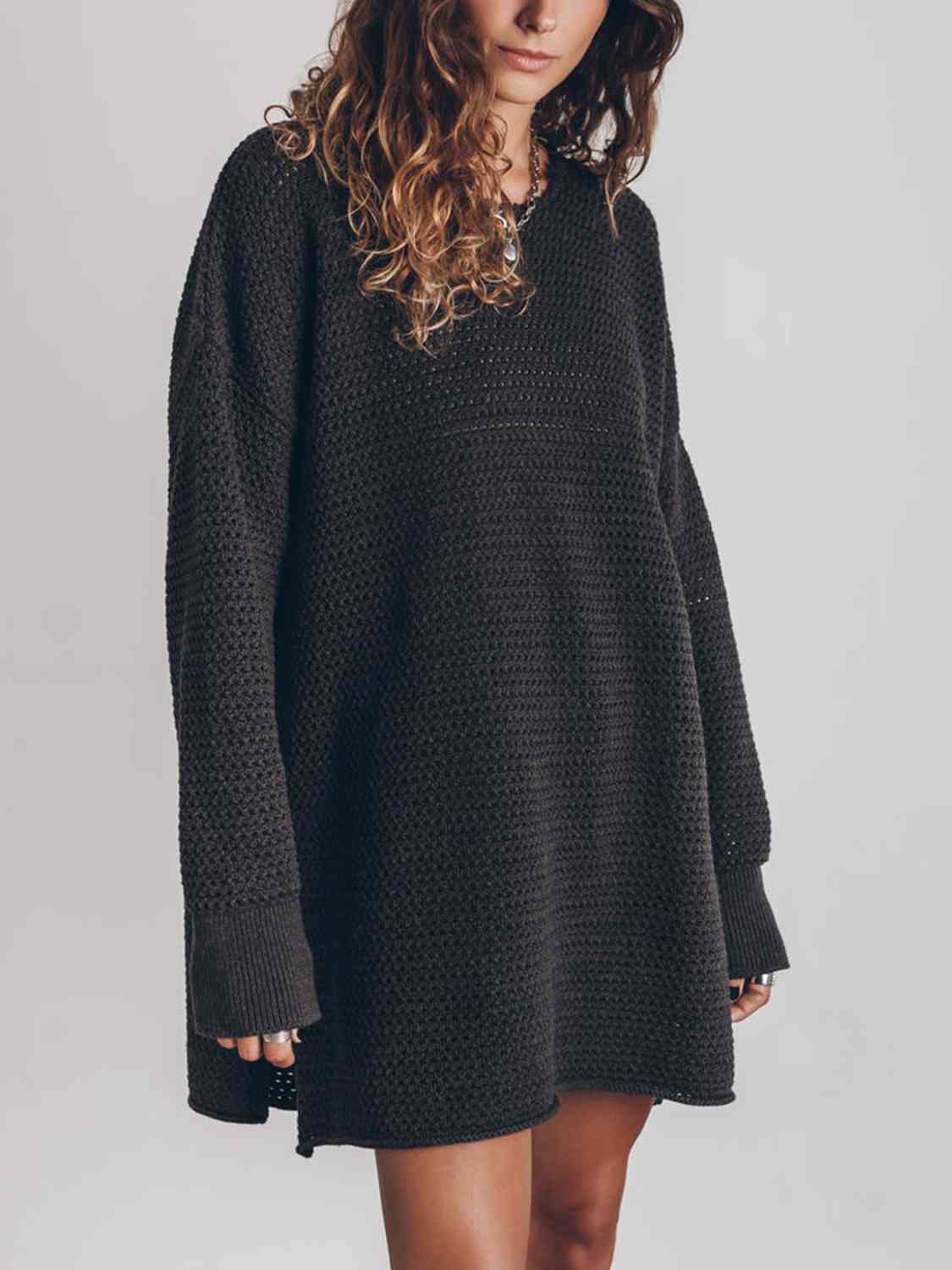 Openwork Round Neck Long Sleeve Slit Sweater Orchid Unique 