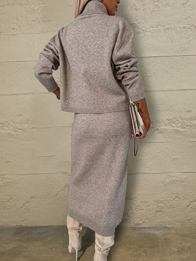 Turtleneck Dropped Shoulder Sweater and Midi Dress Sweater Set Orchid Unique 