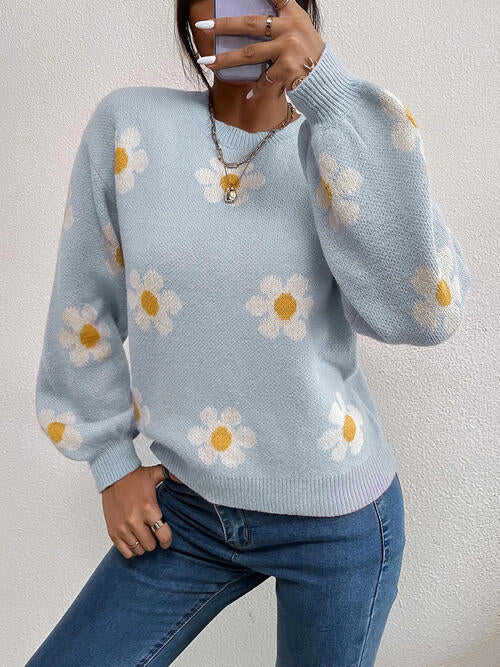 Flower Round Neck Latern Sleeve Sweater Orchid Unique 