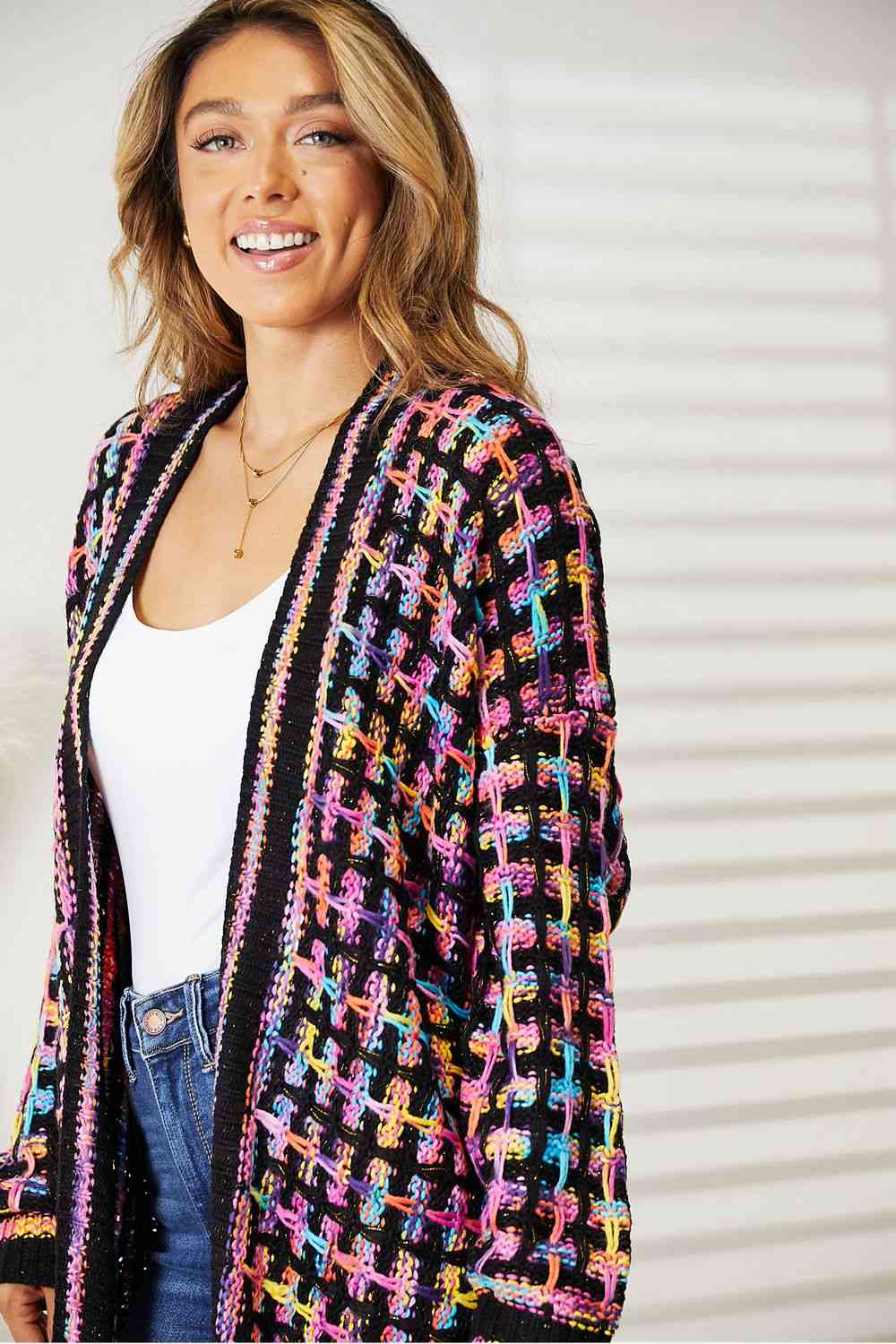 Double Take Full Size Multicolored Open Front Fringe Hem Cardigan Orchid Unique 