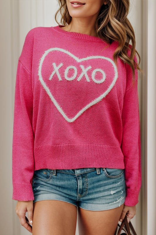 XOXO Heart Round Neck Dropped Shoulder Sweater Orchid Unique 