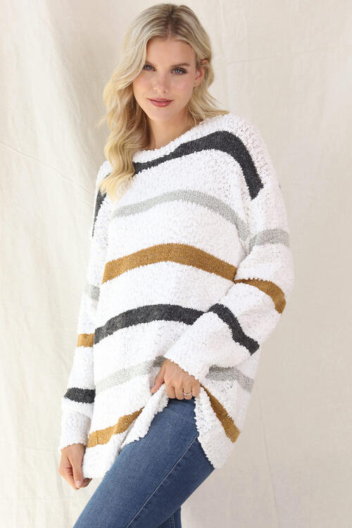 Striped Round Neck Long Sleeve Sweater Orchid Unique 