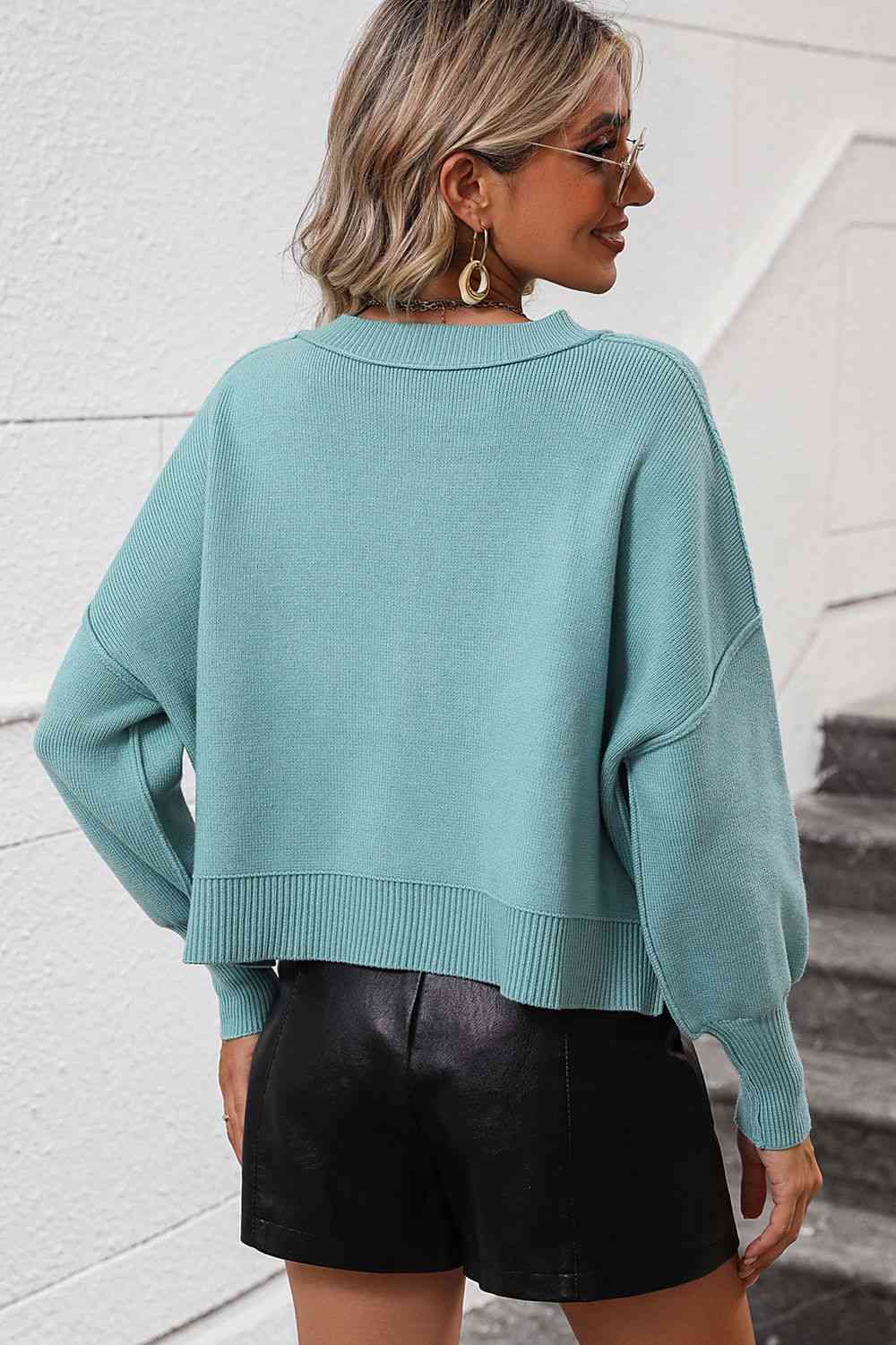 Round Neck Dropped Shoulder Pullover Sweater Orchid Unique 