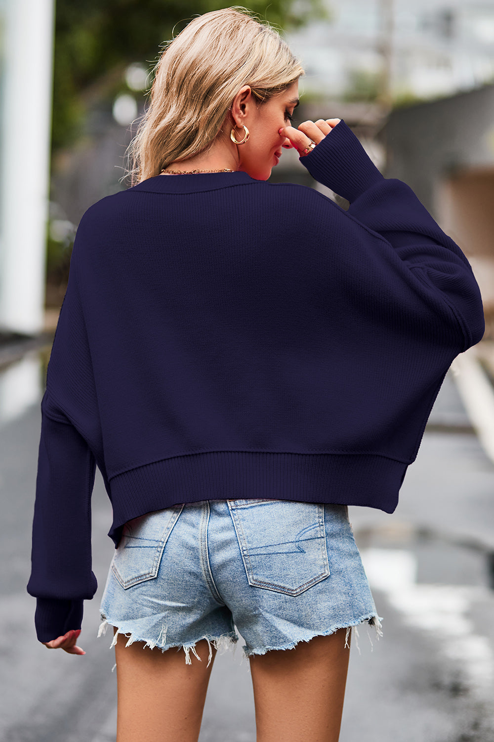 Round Neck Drop Shoulder Long Sleeve Sweater Orchid Unique 