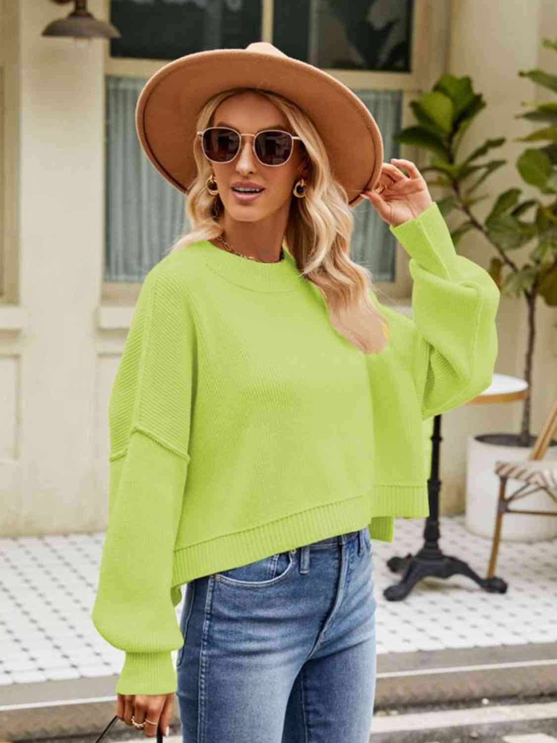 Round Neck Dropped Shoulder Sweater Orchid Unique 