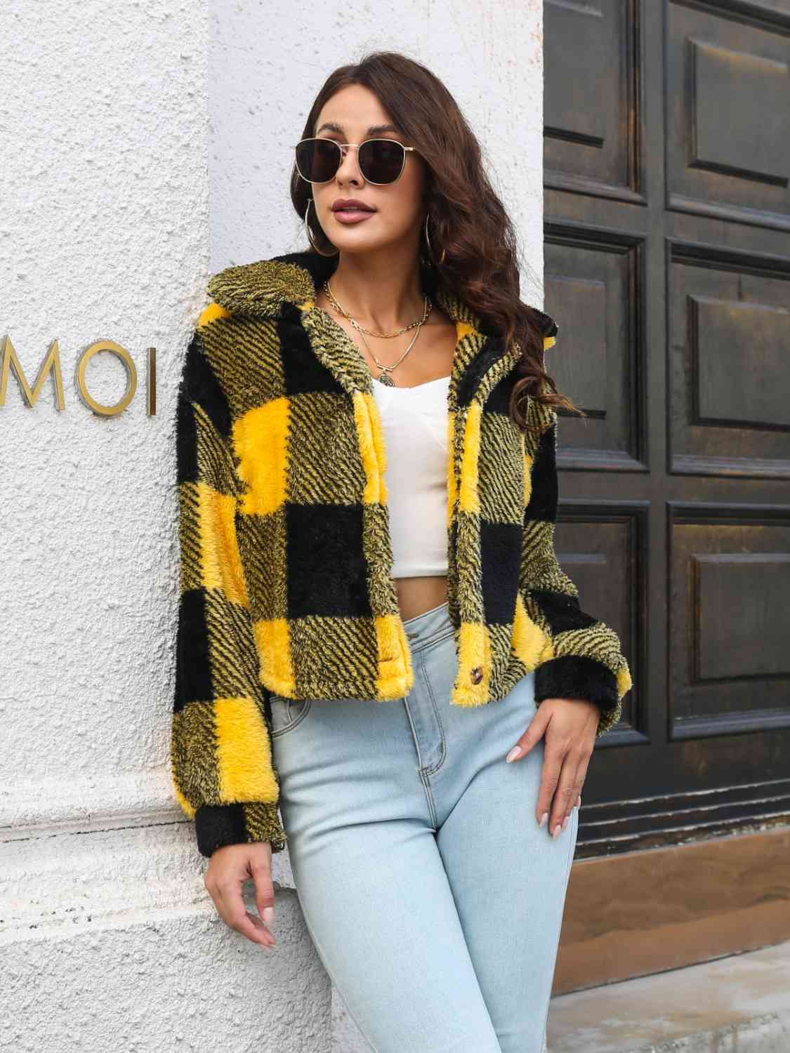 Plaid Dropped Shoulder Buttoned Jacket Orchid Unique 