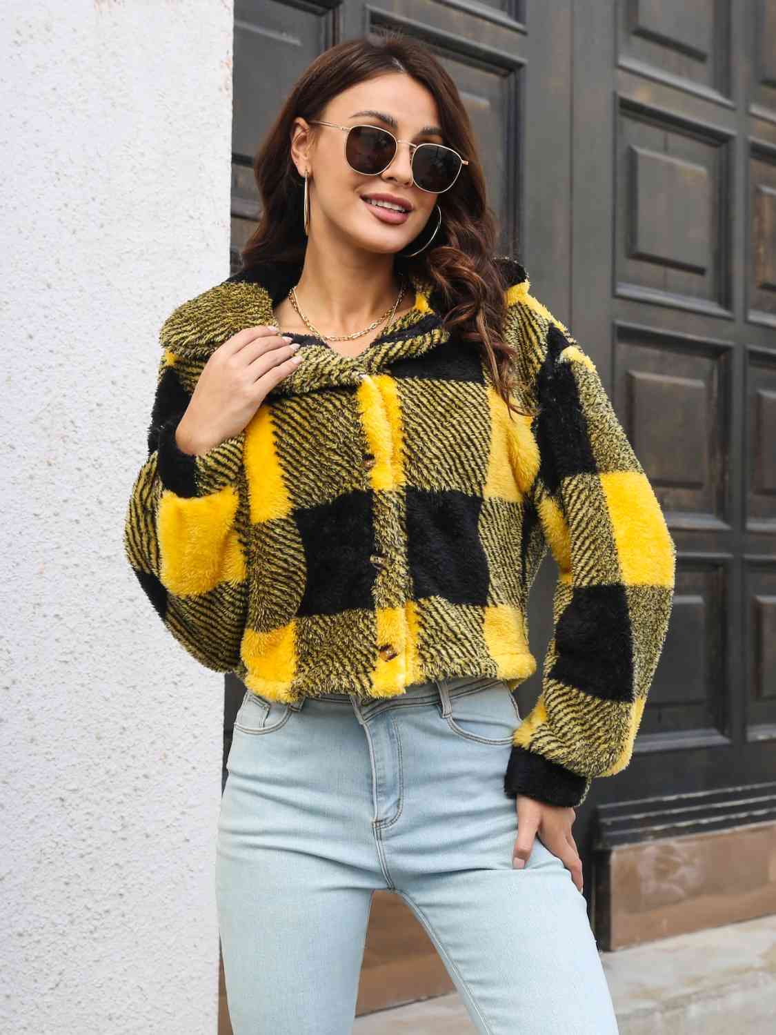 Plaid Dropped Shoulder Buttoned Jacket Orchid Unique 